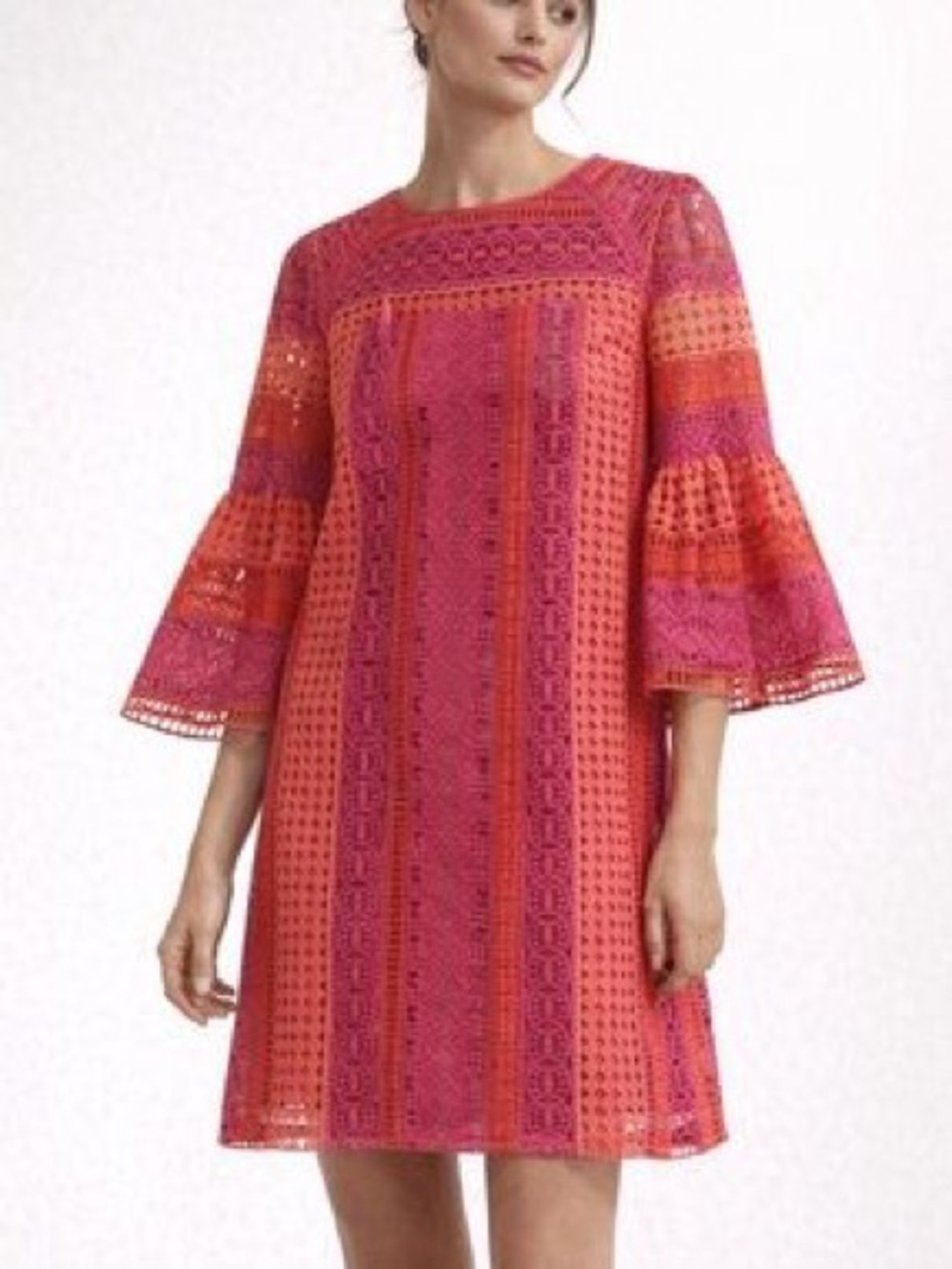 Trina Turk Cambria Pink and Orange Crochet Bell-Sleeve Shift Dress